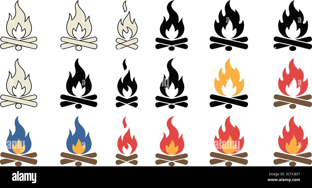 Lagerfeuer-Symbole – stilisierte Flammen und Baumstämme in Schwarz, Grau, Rot, Gelb und Blau für Outdoor-, Camping-, UI- und saisonale Design-Themen Stock Vektor