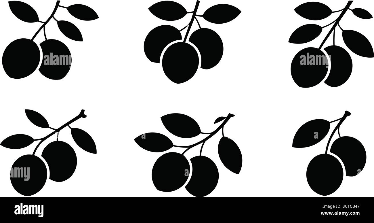 Schwarze Silhouetten von fruchttragenden Ästen – stilisierte Blätter und runde Früchte für botanisches, saisonales und naturinspiriertes Design Stock Vektor