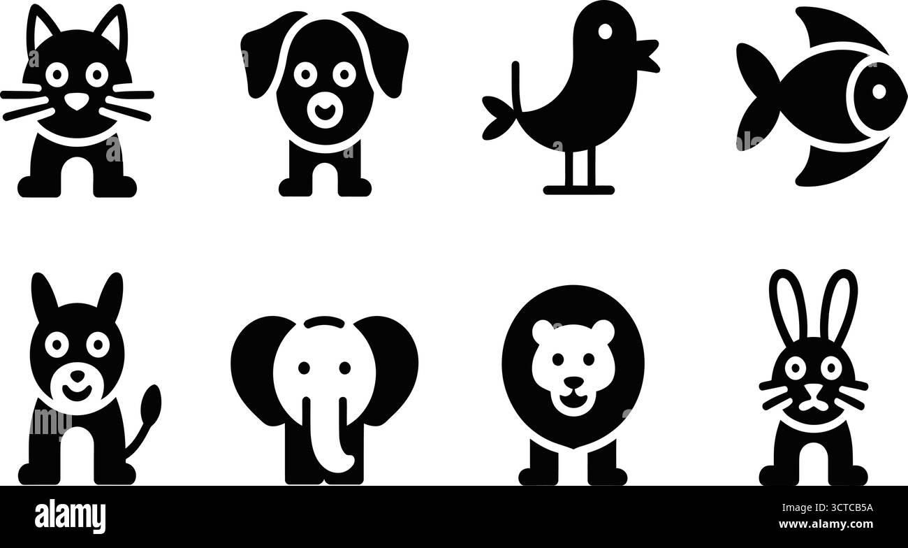 Schwarz-Weiß-Zeichentricktiere – Katze, Hund, Vogel, Fisch, Elefant, Löwe & Kaninchen für Kinderdesign, Bildung und Grafiken mit Tiermotiven Stock Vektor