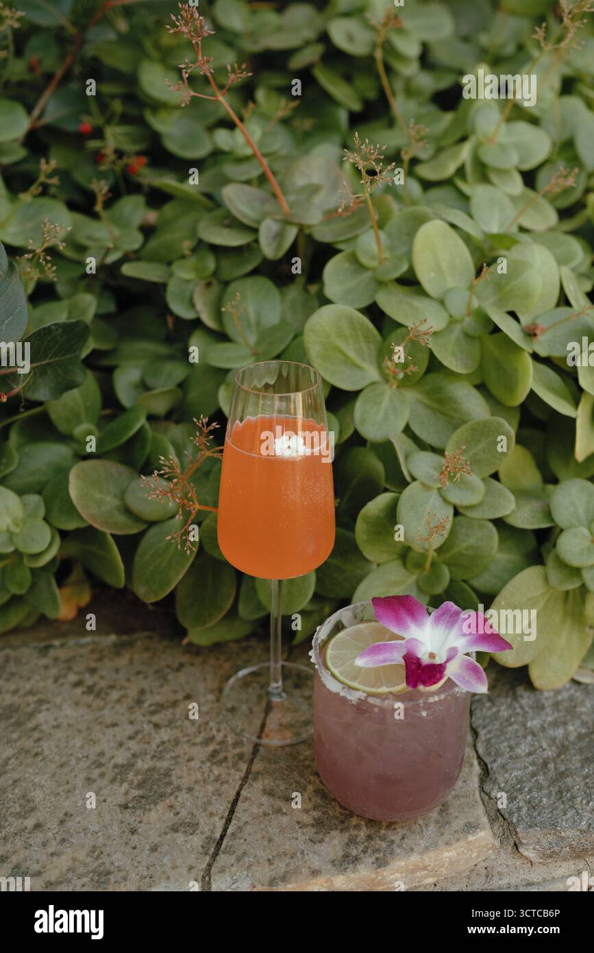 Bunte Cocktails, garniert mit Blumen und Limette Stockfoto