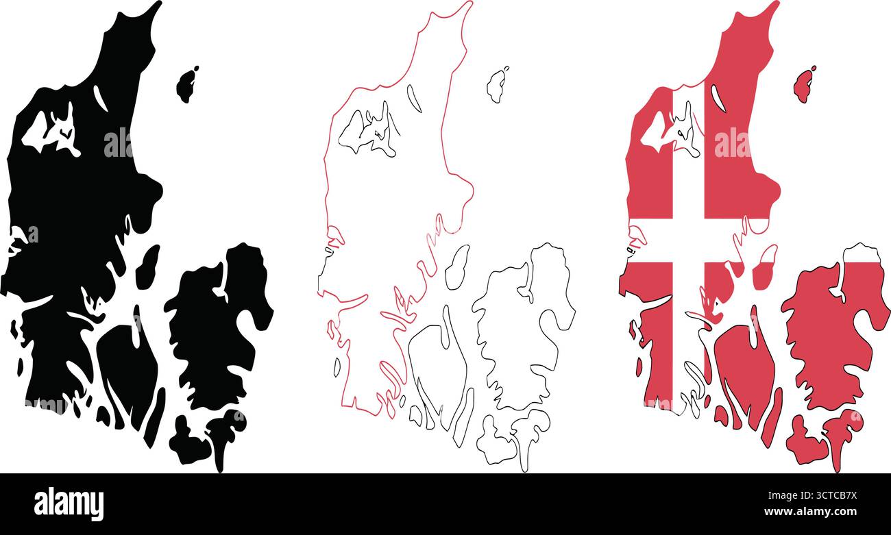 Stilisierte Dänemark-Karten – Schwarze Silhouette, rote Umrisse und dänische Flaggenfüllung für geografische, pädagogische und nationale Designs Stock Vektor