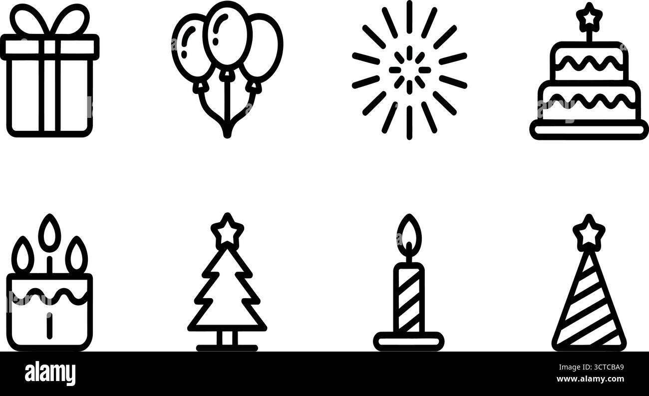Symbole Der Schwarzen Linie – Geschenk, Ballons, Feuerwerk, Geburtstagskuchen, Kerze, Weihnachtsbaum- und Partyhut-Symbole für festliche, festliche und festliche Gestaltung Stock Vektor