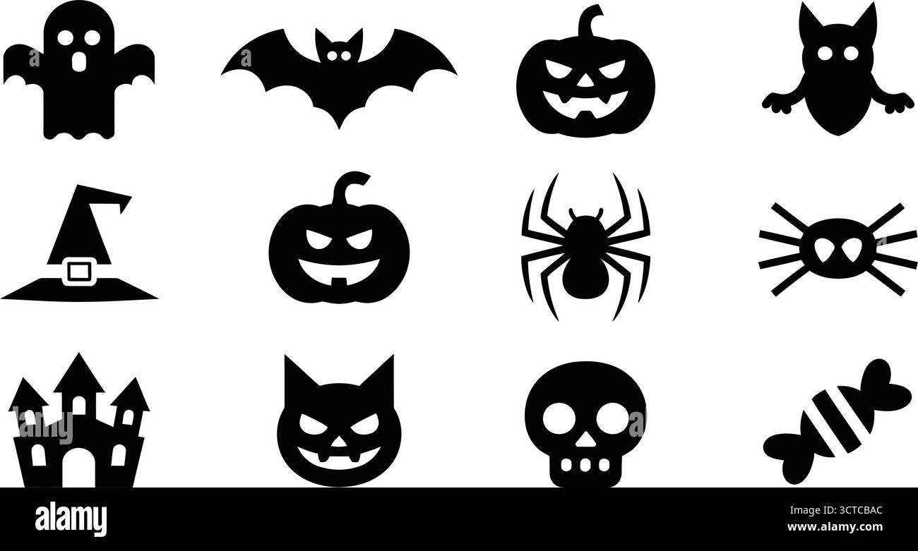 Schwarze Halloween-Silhouetten – Geist, Fledermaus, Kürbis, Eulen, Hexenhut, Spider, Castle, Skull, Cat & Candy Icons für saisonales Design Stock Vektor