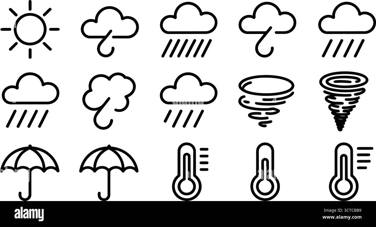 Wetter-Symbol Set mit Sonne, Wolken, Regen, Wind, Tornado, Regenschirm- und Thermometersymbole in minimaler schwarzer Linienart Stock Vektor