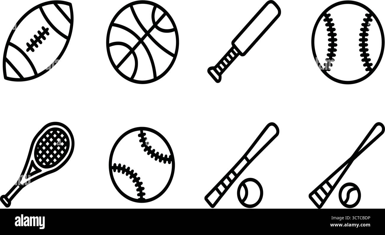 Schwarz-weiße Sportausrüstung mit Tennis-, Baseball-, Cricket-, Hockey- und Fußballausrüstung im minimalen Line-Stil Stock Vektor