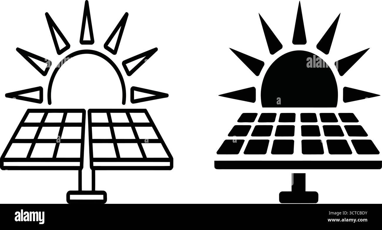 Schwarz-weiße Solarenergie-Ikone mit Sonnenaufgang hinter Solarpaneelen für erneuerbare Energien und umweltfreundlichen Konzepten Stock Vektor