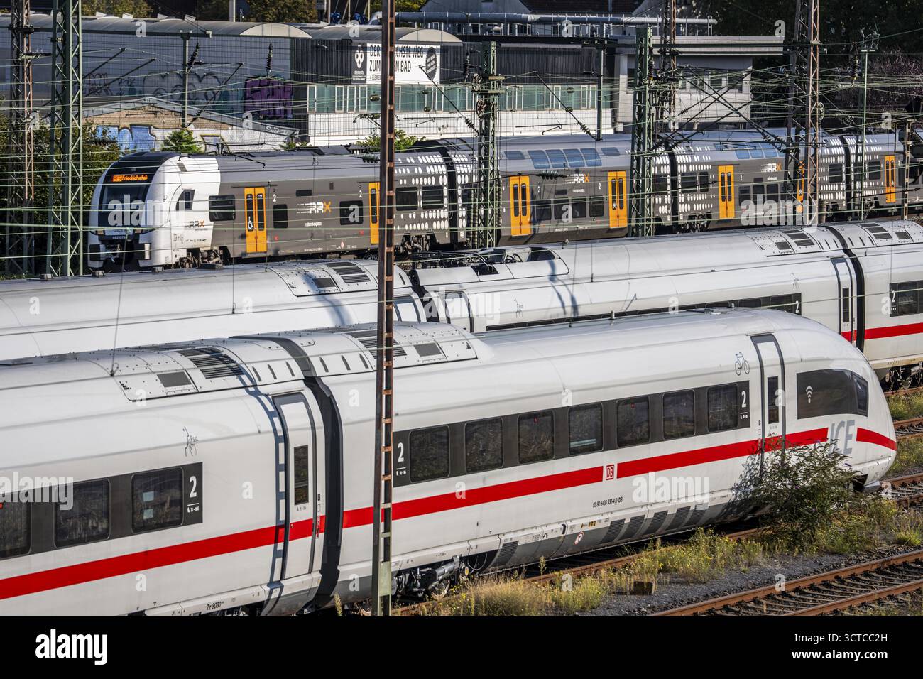 ICE-Züge auf der Bahnstrecke, RRX, Rhein-Ruhr-Express, Regionalzug, nördlich des Düsseldorfer Hauptbahnhofs, Nordrhein-Westfalen, Deutschland Stockfoto