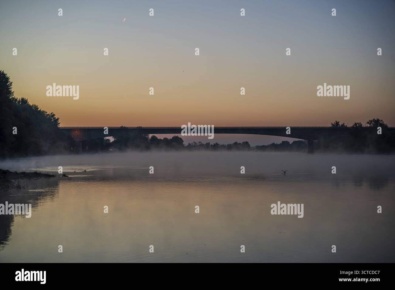 Die Szene zeigt die ruhige Donau bei Sonnenaufgang. Nebel schwingt über dem Wasser und eine Brücke hebt sich vom farbenfrohen Himmel ab. Bogen, Niederbayern Stockfoto