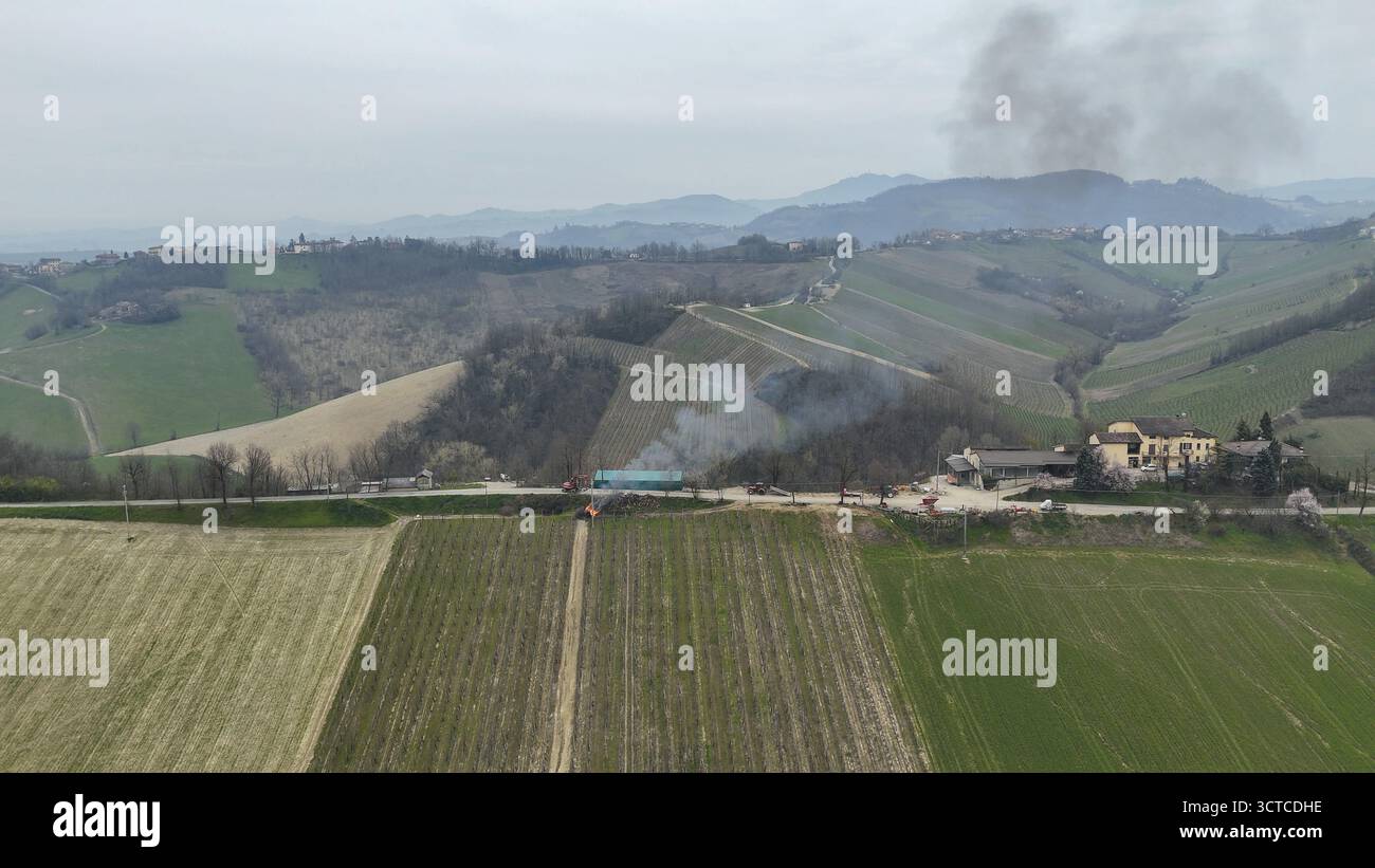 Aus der Vogelperspektive brennende Traubenzweige und landwirtschaftliche Felder auf den sanften Piacenza-Hügeln in Italien mit Rauchwolken, die unter bewölktem Himmel in den Himmel steigen Stockfoto