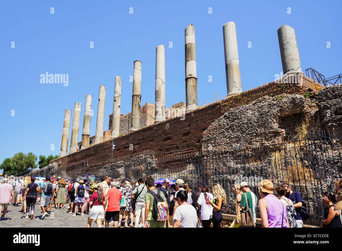 Die Leute warten in der Schlange auf das Forum Romanum, den Tempel der Venus und dahinter Rom Stockfoto