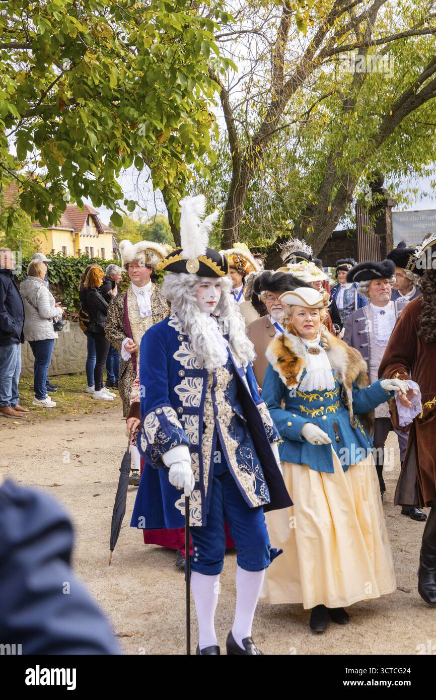 Die Prozession wird von ehemaligen sächsischen Weinsouveränen geleitet, die den Reichtum unserer Weinkulturlandschaft mit ihrer Pracht und ihrem Charme verkörpern. Das sind sie Stockfoto