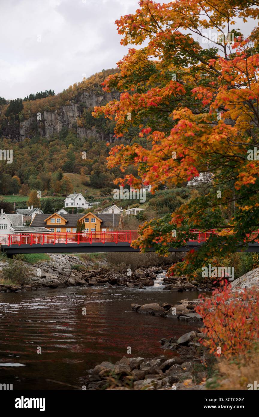 Herbstlandschaft mit Fluss und bunten Bäumen Stockfoto