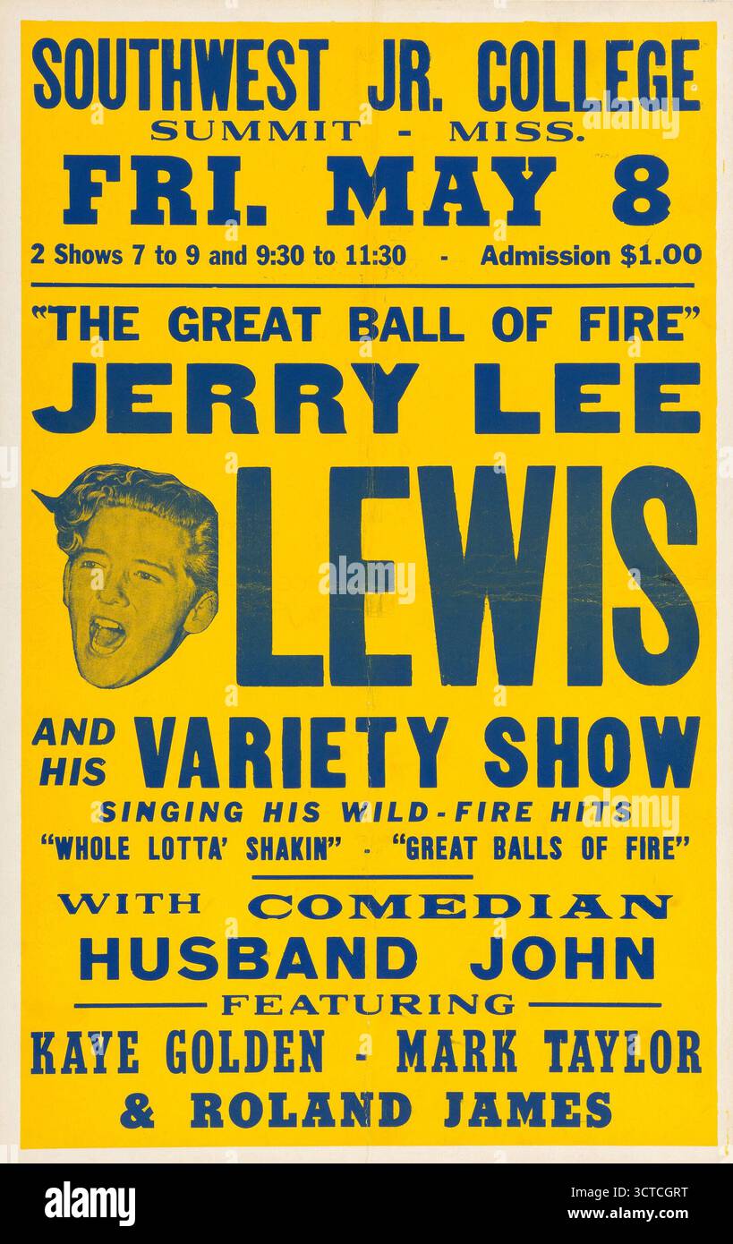 Jerry Lee Lewis „The Great Ball of Fire“ Vintage-Konzertposter, Southwest Jr. College, Summit, Mississippi, 1959 Stockfoto