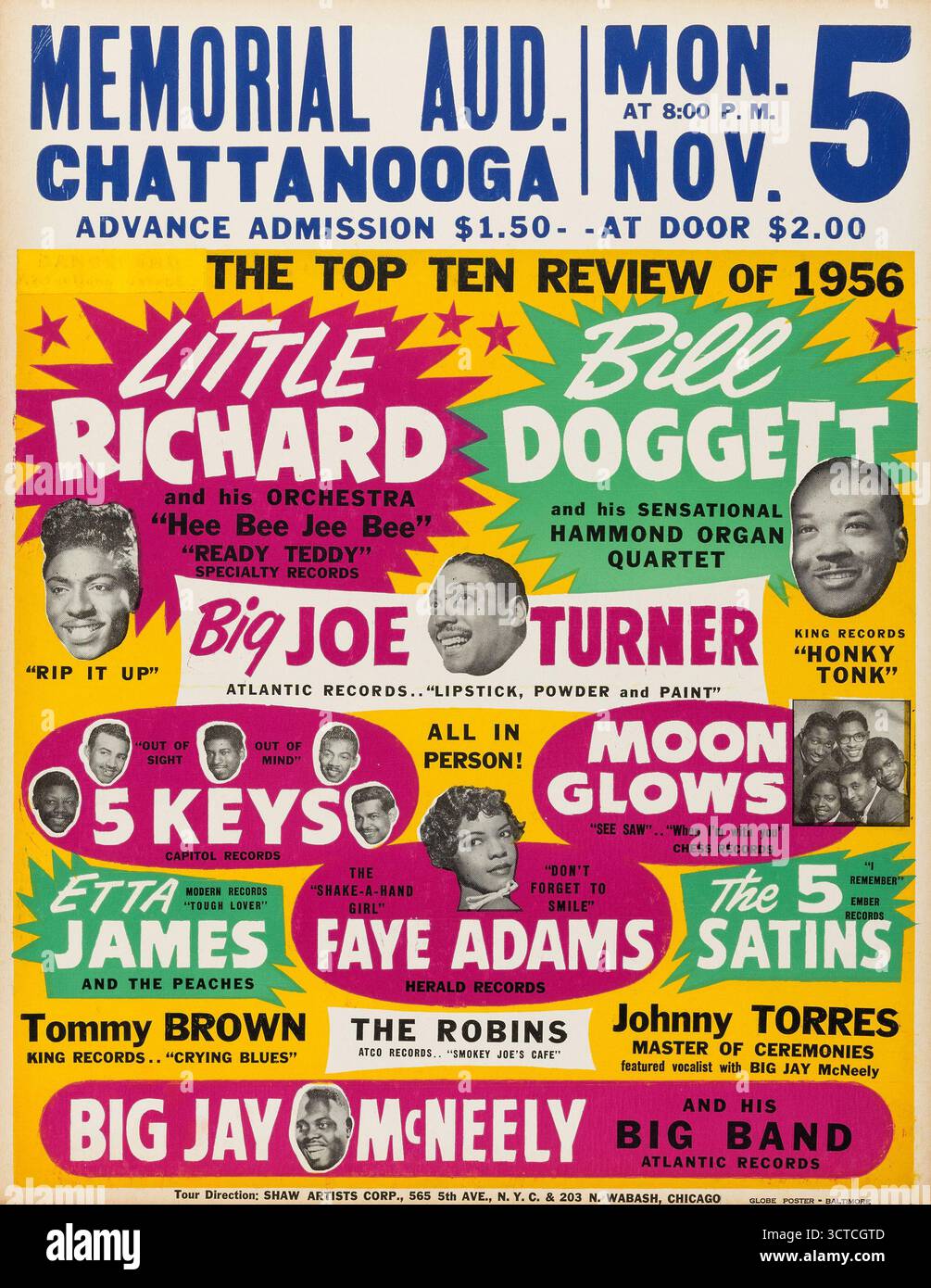 Little Richard, Big Joe Turner, Faye Adams, Etta James – Rock 'n' Roll Concert Poster, Chattanooga, Memorial Auditorium, 5. November 1956 Stockfoto