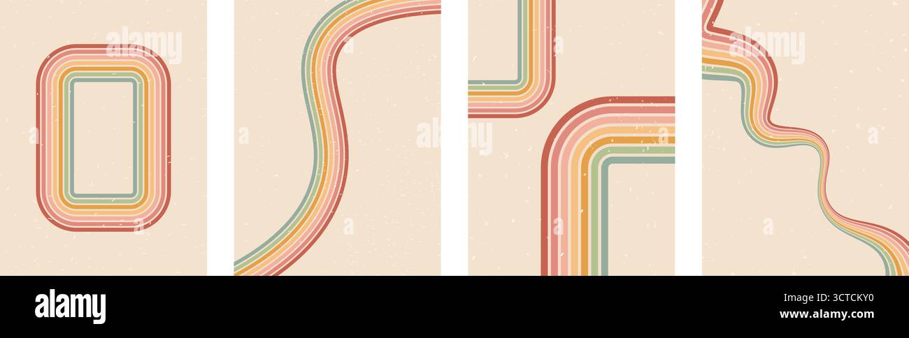 Groovige Regenbogenlinien und Rahmenhintergründe. Die Kollektion ist mit gewellten Streifen in Vintage-Farben bedeckt. Verspielte Wandmotive mit Wellendesign. Vektor Retro beige wigg Stock Vektor