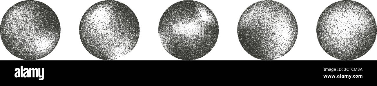 Kreisförmiges Element-Set für das Ätzen von Geräuschen. Grunge-Abstraktion von Dotwork-Verlaufskreisen. Schwarze runde Halbtonformen von Punkten Textur.Kugeln Sand diffuser Effekt c Stock Vektor