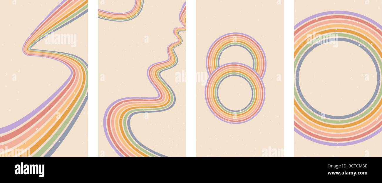 Set mit groovigen Regenbogenlinien und runden Elementen. Cover in Vintage-Farben mit gewellten Bogenstreifen für Social Media-Sammlungen. Verspieltes Wellengewölbe Stock Vektor