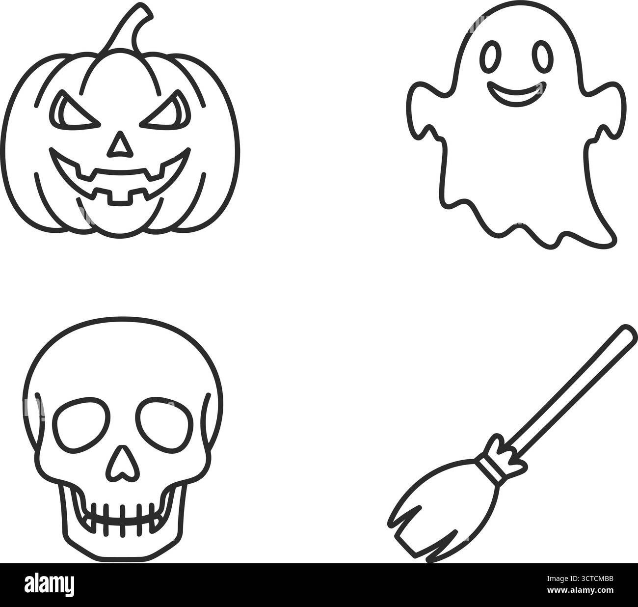 Entdecke Halloween-Symbole, darunter Kürbis, Geist, Schädel und Besen. Stock Vektor