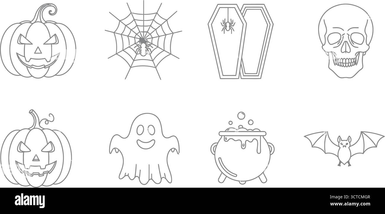 Halloween-Icon-Set mit Kürbis, Spinnennetz, Sarg, Schädel, Geist, und andere Elemente Stock Vektor