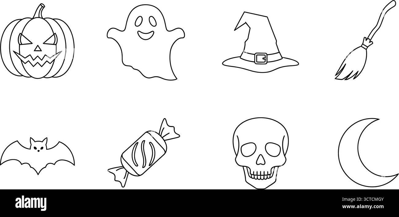 Halloween Outline Icon Set mit Kürbis, Geist, Fledermaus, Schädel, Süßigkeiten, und Mond Stock Vektor