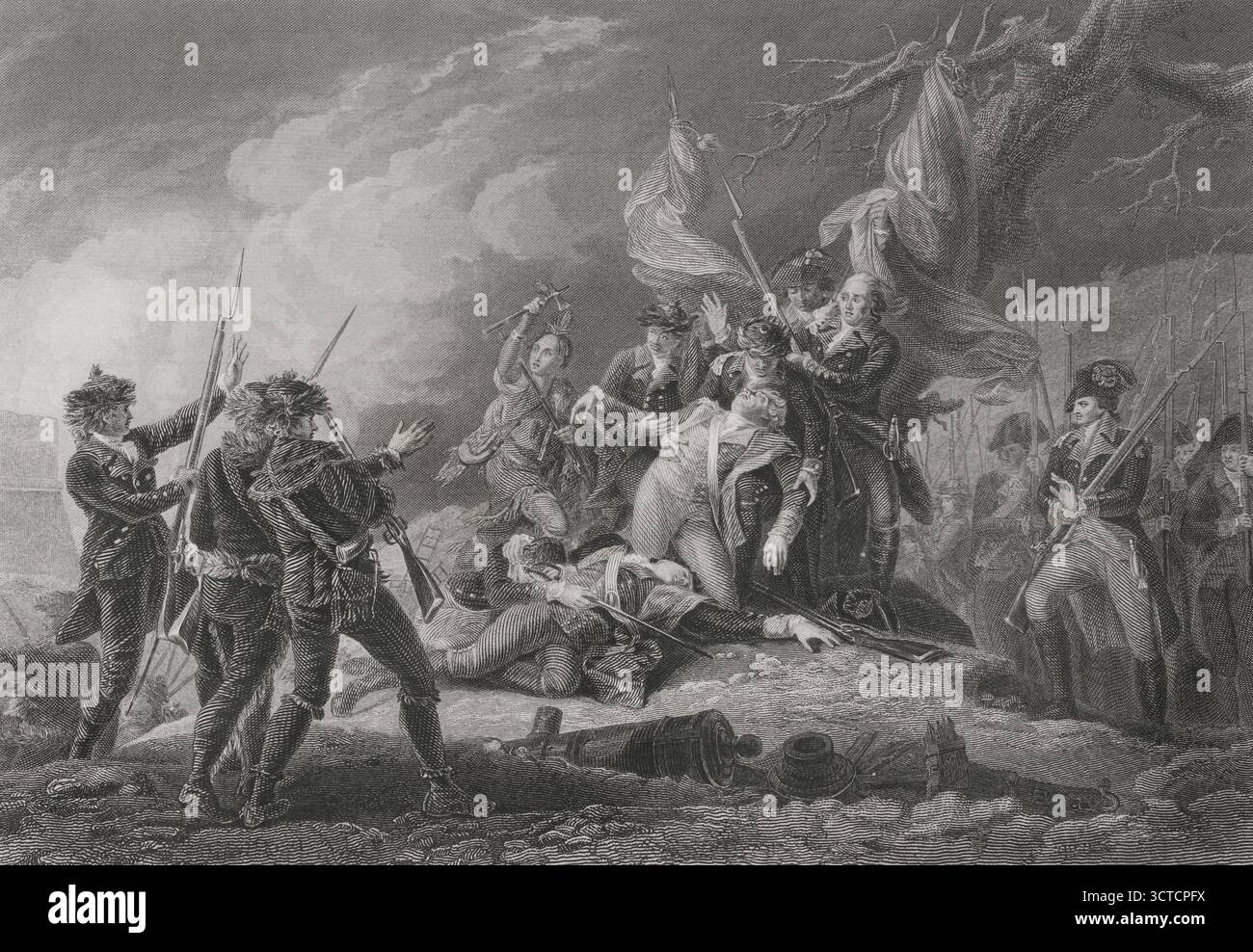 Amerikanischer Unabhängigkeitskrieg (1775–1783). Invasion Kanadas, 1775. Die Patriotenarmee, angeführt von Colonel Benedict Arnold (1741–1801) und General Richard Montgomery (1738–1775), versuchte die militärische Kontrolle über die britische Provinz Québec zu erlangen. Tod von General Richard Montgomery während der Schlacht von Quebec (31. Dezember 1775), in der die amerikanischen Revolutionäre besiegt wurden. Kupferstich von J. C. Armytage (ca. 1802-1897) nach einem Gemälde von John Trumbull (1756-1843) im Jahre 1786. Geschichte der Vereinigten Staaten von Amerika, von J. A. Spencer. Band I. Ausgabe in Barcelona, 1872. Stockfoto