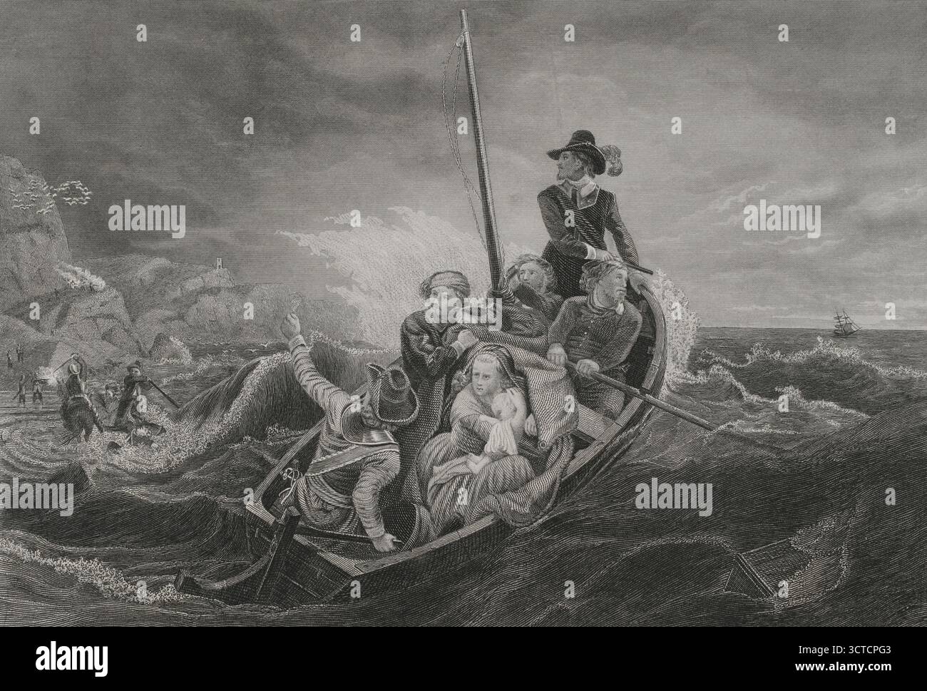 Die puritanische Migration nach Neuengland (1620-1640). Die meisten von ihnen taten dies in Familiengruppen, die die Freiheit suchten, ihre puritanische Religion zu praktizieren. Englische Puritaner flüchten nach Amerika. Gravur. Geschichte der Vereinigten Staaten von Amerika, von J. A. Spencer. Band I. Ausgabe in Barcelona, 1872. Stockfoto
