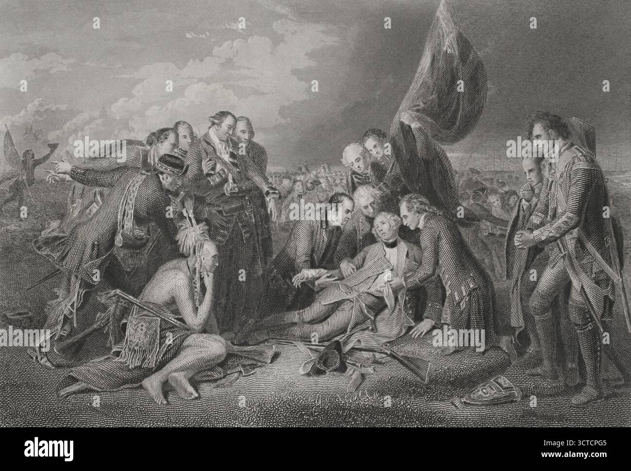 James Wolfe (1727-1759). General der britischen Armee, der wegen seines Sieges gegen die Franzosen in der Schlacht von Quebec am 13. September 1759 als Held in Kanada angesehen wurde. Wolfe starb kurz nach der Schlacht an einer Schusswunde, die er während des Kampfes erhielt. Der Tod von General Wolfe. Stich von S. Smith nach einem Gemälde von Benjamin West PRA (1738–1820) im Jahre 1770. Geschichte der Vereinigten Staaten von Amerika, von J. A. Spencer. Band I. Ausgabe in Barcelona, 1872. Stockfoto