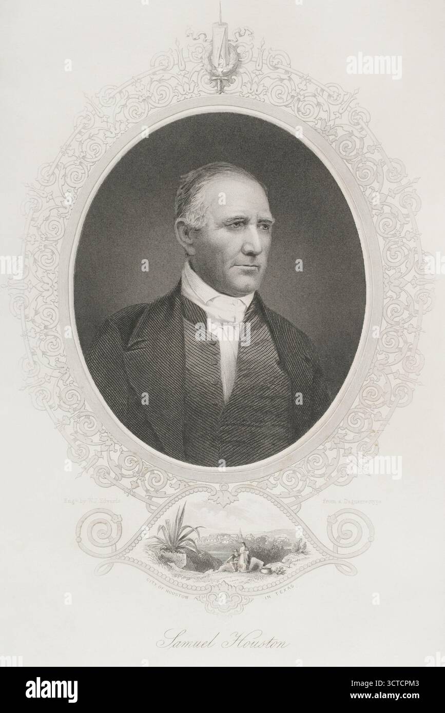 Sam Houston (Samuel Houston) (1793-1863). US-amerikanischer General und Staatsmann, der eine bedeutende Rolle in der Texas Revolution (1835–1836) spielte. Er war der erste und dritte Präsident der Republik Texas (1836–1838, 1841–1844) und einer der ersten beiden Personen, die Texas im Senat der Vereinigten Staaten repräsentierten. Hochformat. Kupferstich von W.J. Edwards (Fl. 1840-1863) aus einer Daguerreotypie. Geschichte der Vereinigten Staaten von Amerika, von J. A. Spencer. Band II. Ausgabe in Barcelona, 1873. Stockfoto