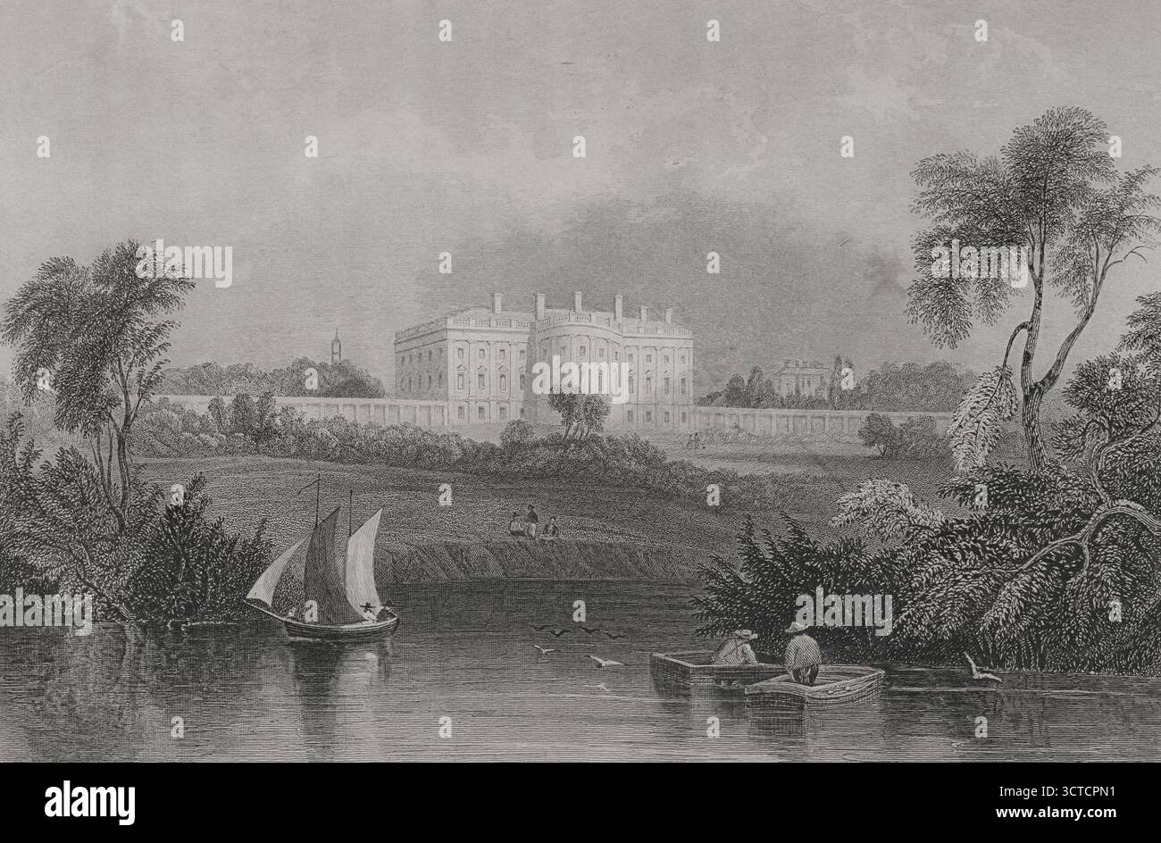 Washington D.C., USA. Das Weiße Haus. Entworfen von James Hoban (1758–1831), im neoklassizistischen Stil, wurde der Bau zwischen 1792 und 1800 durchgeführt. Seit John Adams im Jahr 1800 ist es die Residenz jedes US-Präsidenten. Das Präsidentenhaus vom Potomac River, ca. 1836-1837. Stich von William Radclyffe (1783–1855) nach William Henry Bartlett (1809–1854). Geschichte der Vereinigten Staaten von Amerika, von J. A. Spencer. Band II. Ausgabe in Barcelona, 1873. Stockfoto