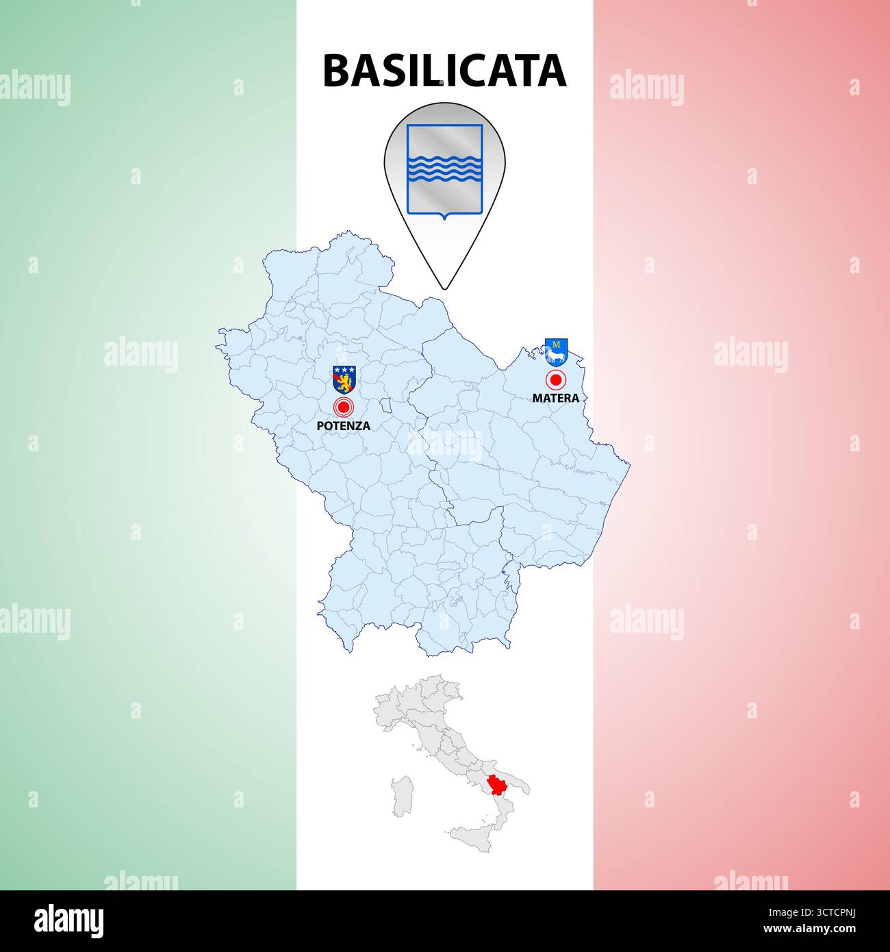 Basilicata, Italien, Regionalkarte und Symbole der Region und Städte, Vektorillustration Stock Vektor