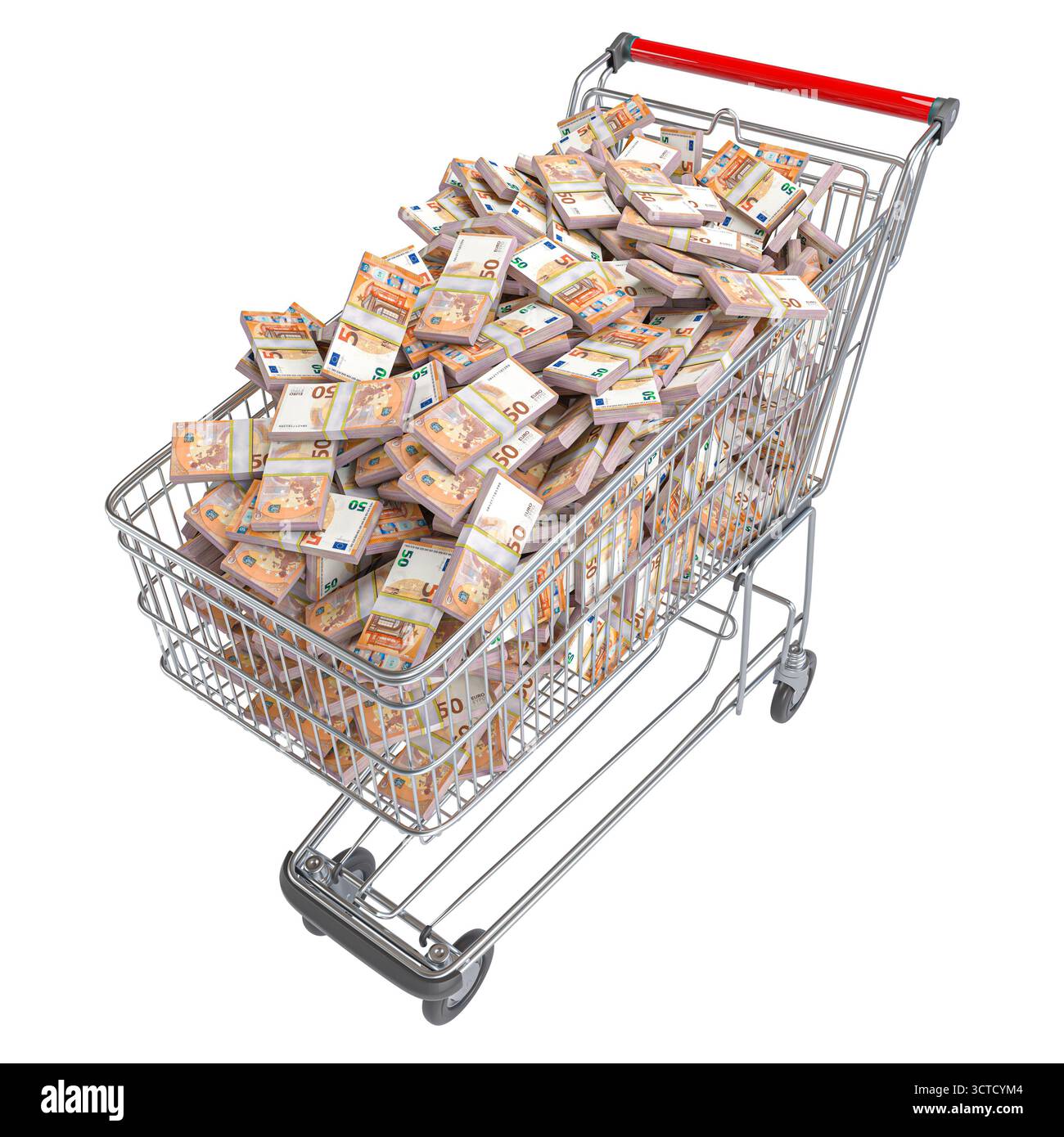 Warenkorb 3D-Euro-Banknoten transparenter Hintergrund Stockfoto