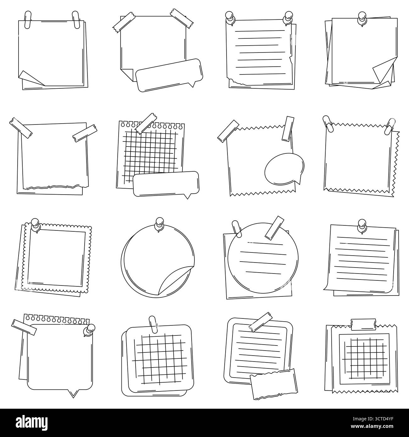 Notizen auf Papier. Aufkleber mit Stiften und Klebebändern. Rahmen oder Hintergründe zur Erinnerung. Stock Vektor