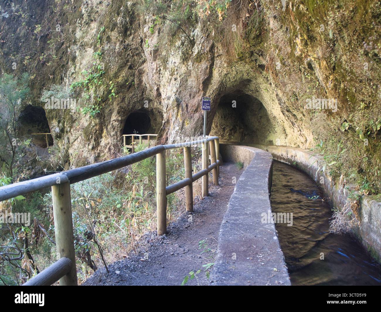 Tunneleingang auf einem Wasserkanal (Levada) Wanderweg - Ein historischer Wasserkanal (Levada) und Tunneleingänge säumen einen schmalen Wanderweg mit einem Woo Stockfoto