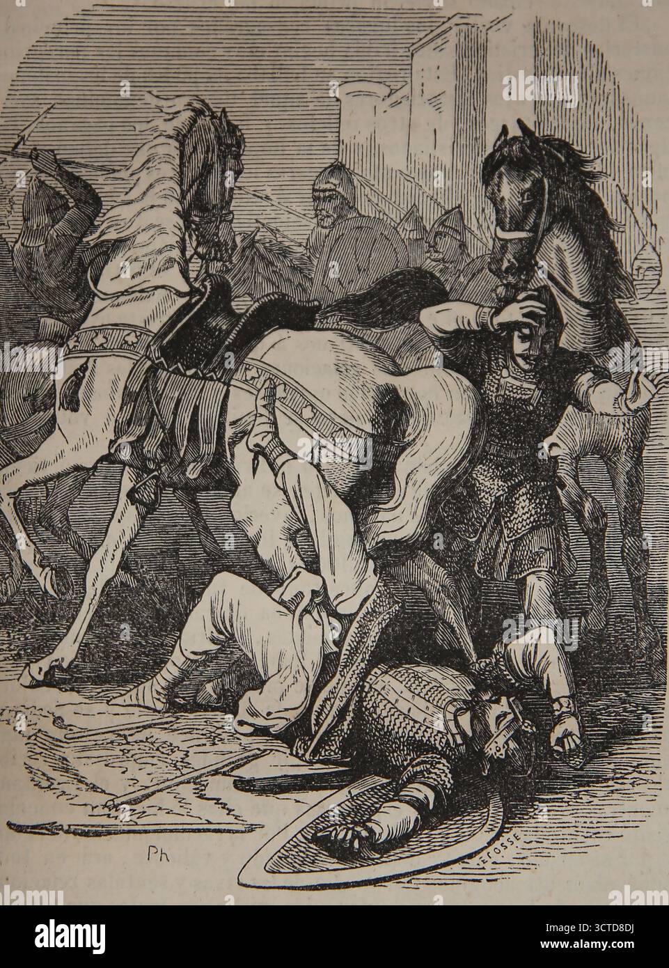 könig wurde von seinem eigenen Sohn vom Pferd geworfen. Stich, 19. Jahrhundert. Stockfoto