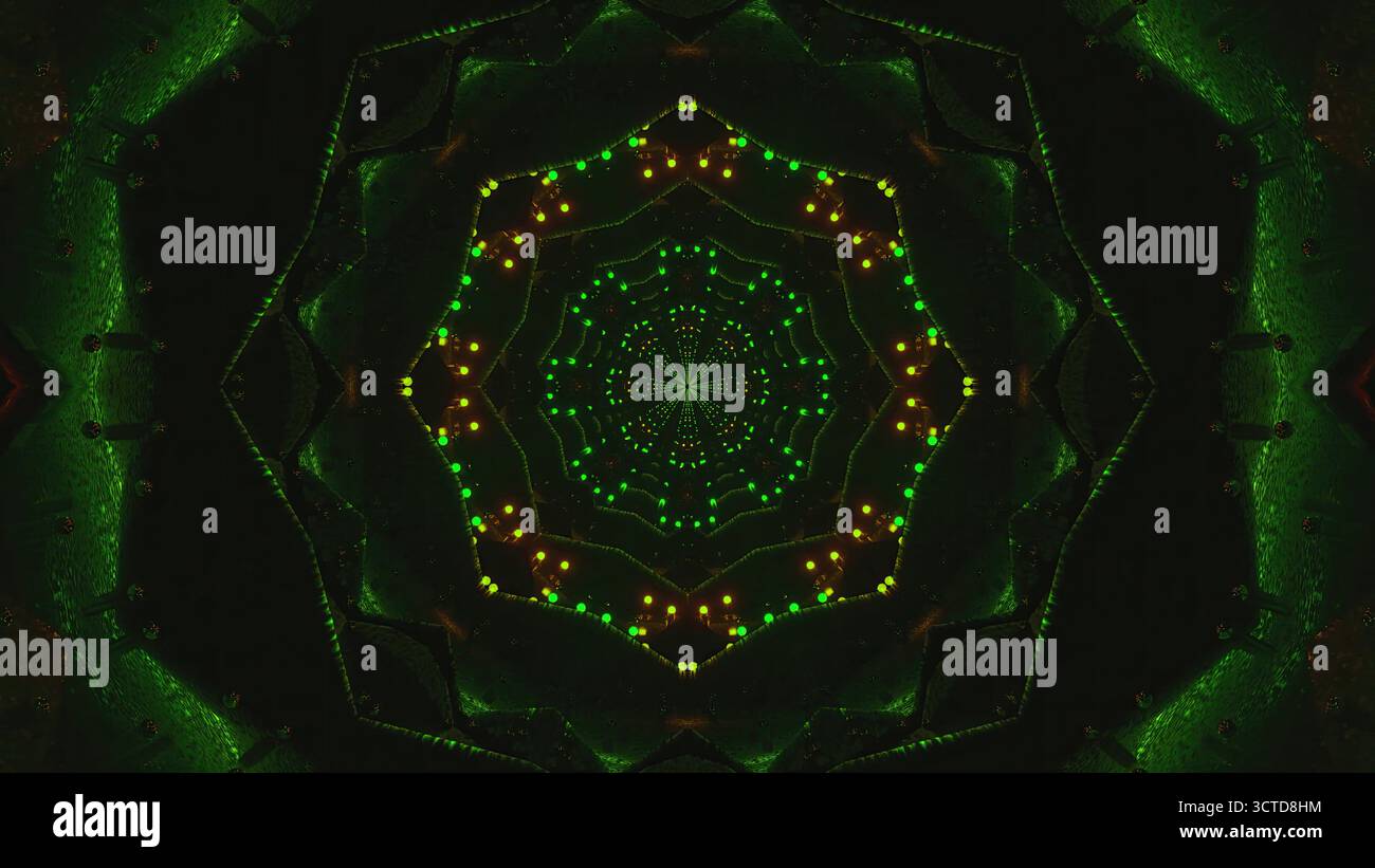 Das leuchtende Kaleidoskop-Design mit leuchtendem Grün und Gelb sorgt für einen faszinierenden visuellen Effekt. Dieses komplizierte Muster zeigt tiefe Ko Stockfoto