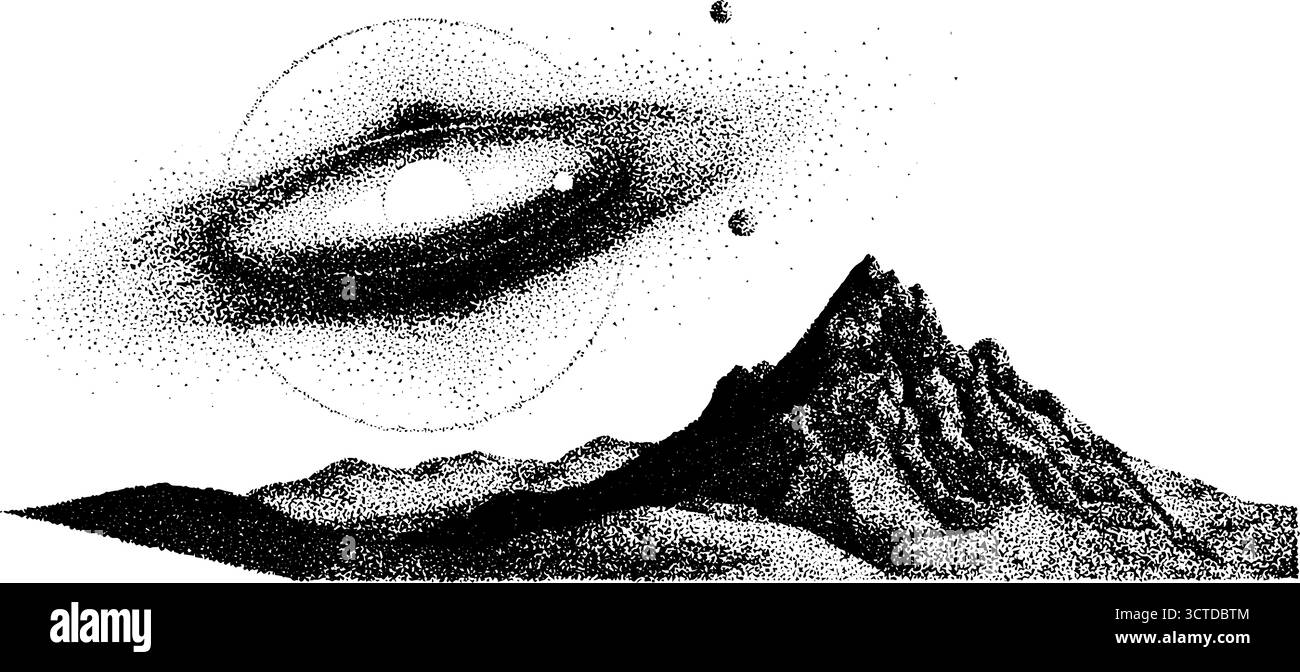 Kosmischer Staub, der über Berglandschaften in detaillierter Stipple Art für Design driftet. Stock Vektor
