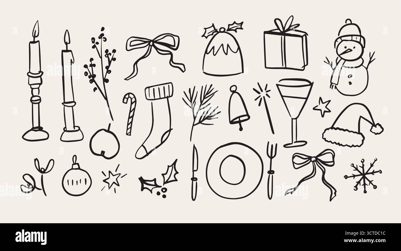Weihnachtsset mit skurrilen, handgezeichneten Wintersymbolen für Grußkarten und Partyeinladungen. Niedliche Kokette Doodle Stil Vektor Illustrationen. Essen, Trinken Stock Vektor