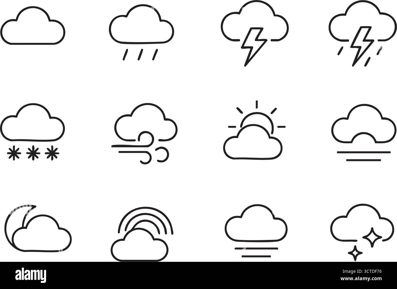 Wettersymbole. Symbolgruppe Wettervorhersage. Clouds Logo. Wetter, Wolken, sonniger Tag, Mond, Schneeflocken, Wind, Sonnentag. Vektorabbildung. Stock Vektor