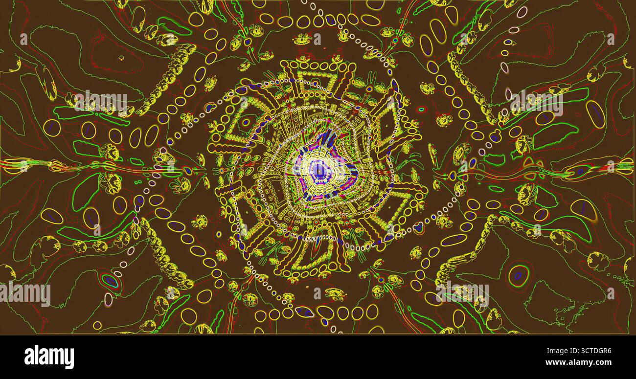 Dieses Kunstwerk verfügt über eine farbenfrohe Spirale voller komplizierter Formen und Muster. Die Farbmischung erzeugt einen dynamischen und fesselnden visuellen Effekt Stockfoto
