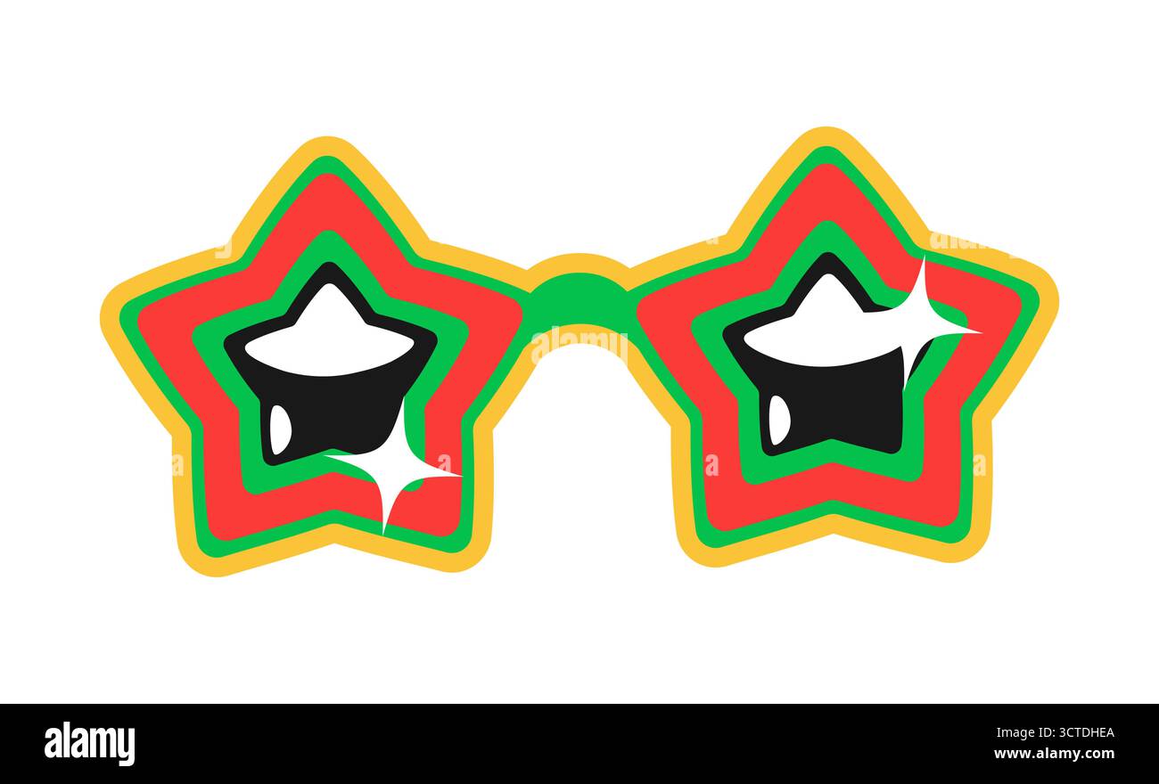 Weihnachtsstern Sonnenbrille Y2K grooviger Aufkleber oder Aufkleber. Happy Christmas grooviges Y2K-Label, Weihnachtsfeier 60er Jahre Vektoraufkleber. Festlicher Neujahrsaufnäher oder Vintage-Tag mit sternförmiger, farbenfroher Sonnenbrille Stock Vektor