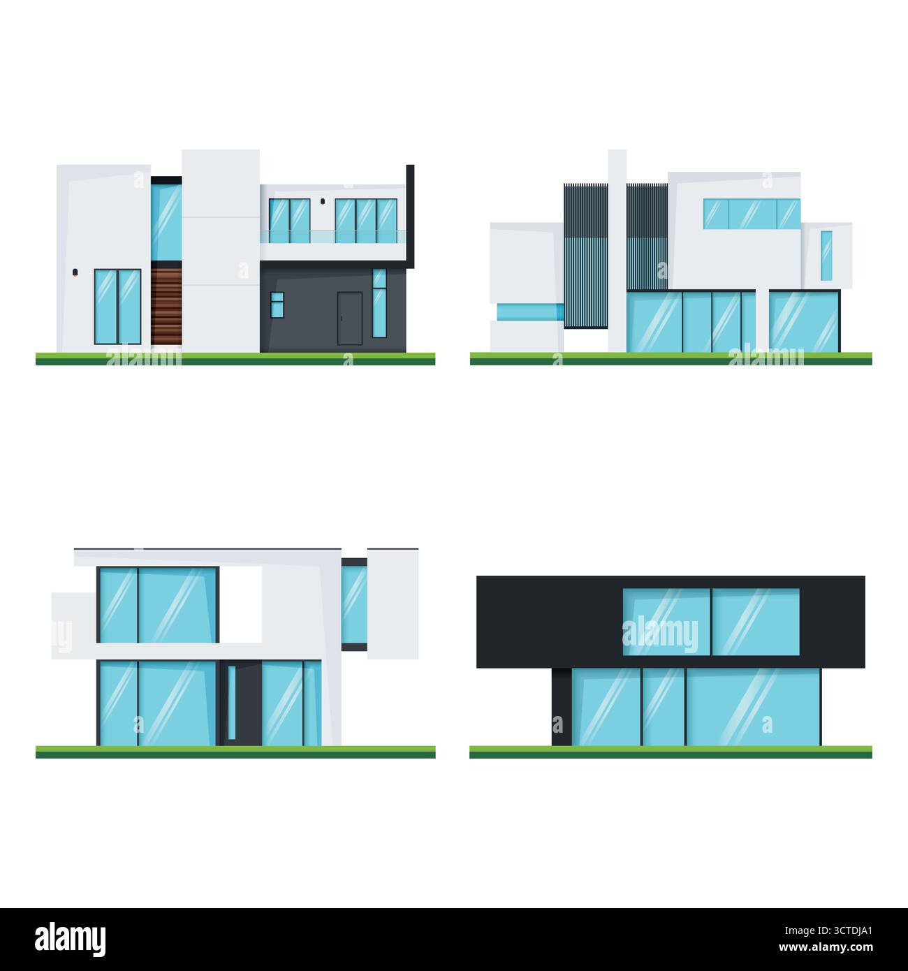 Eine Reihe von vier modernen Häusern oder Wohngebäuden. Außendesign moderner Häuser und Architektur. Flache Design-Vektor-Illustration von Stadthäusern Stockfoto