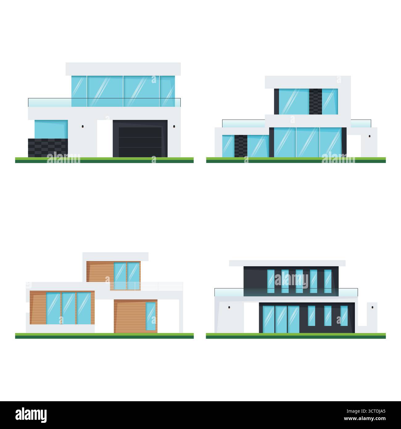 Eine Reihe von vier modernen Häusern oder Wohngebäuden. Außendesign moderner Häuser und Architektur. Flache Design-Vektor-Illustration von Stadthäusern Stockfoto