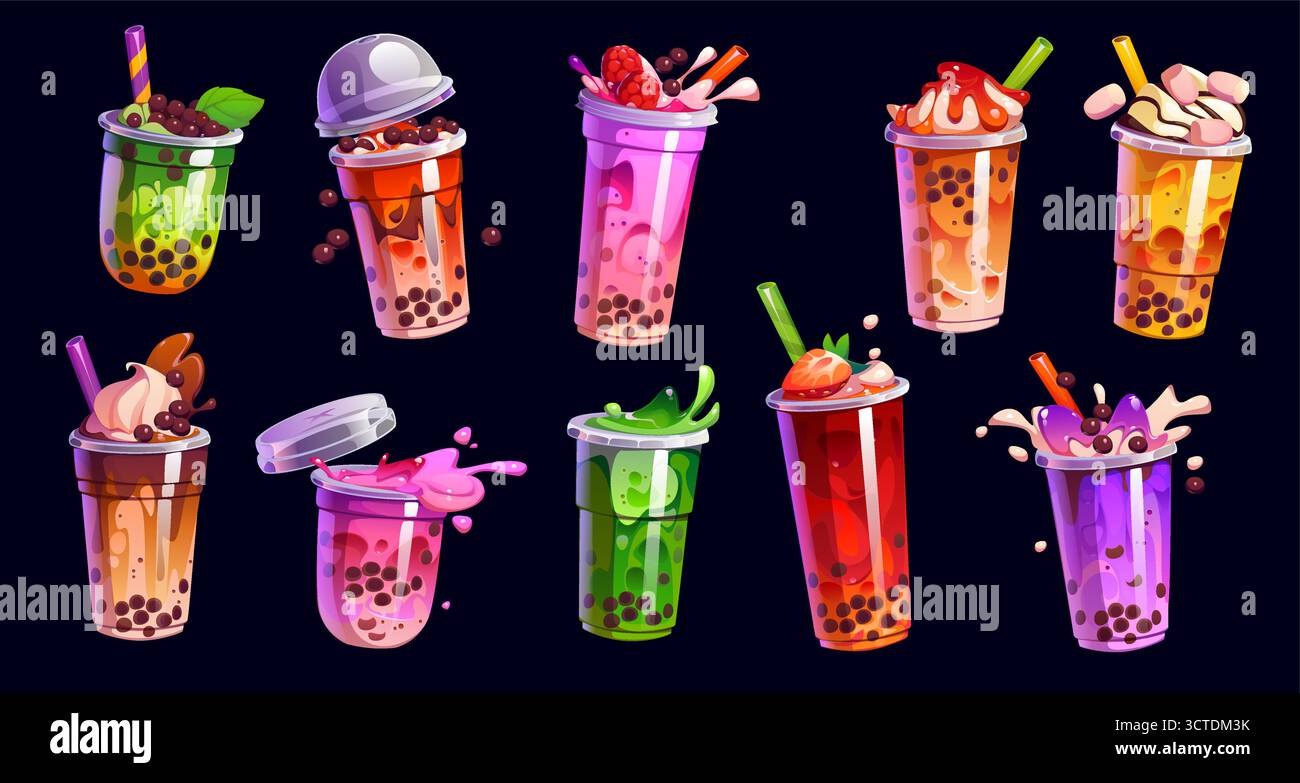 Zeichentrickfilm Milchblase Teegläser mit Getränkespickel. Vektor-Set von Aromen wie weiße Schokolade, leckere Banane, Himbeere und Kondensmilch. Chocomix, Süßigkeiten, Grün, Creme, Trauben oder gesalzenes Karamell Stock Vektor