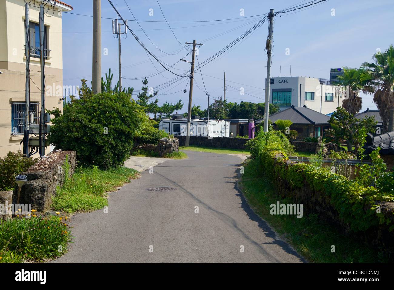 Eine schmale Dorfstraße in Pyeongdae-ri nahe der Küste, begrenzt von Jeju Basaltmauern und Palmen, führt an Häusern und einem kleinen Café vorbei, während Stromleitungen die überqueren Stockfoto