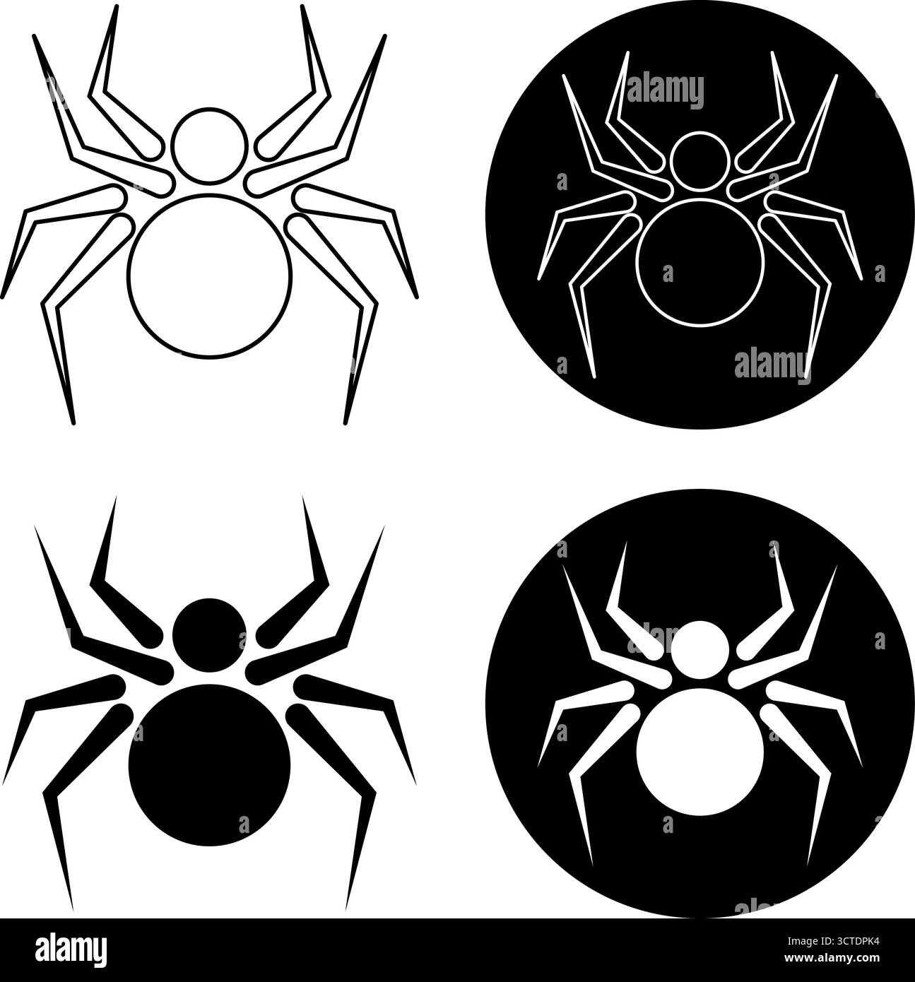 Satz von Spider-Symbolen in Schwarzweiß-Illustration. Diese Symbole eignen sich für Halloween-Designs, Webgrafiken, Warnschilder oder dekorative Projekte. Stock Vektor
