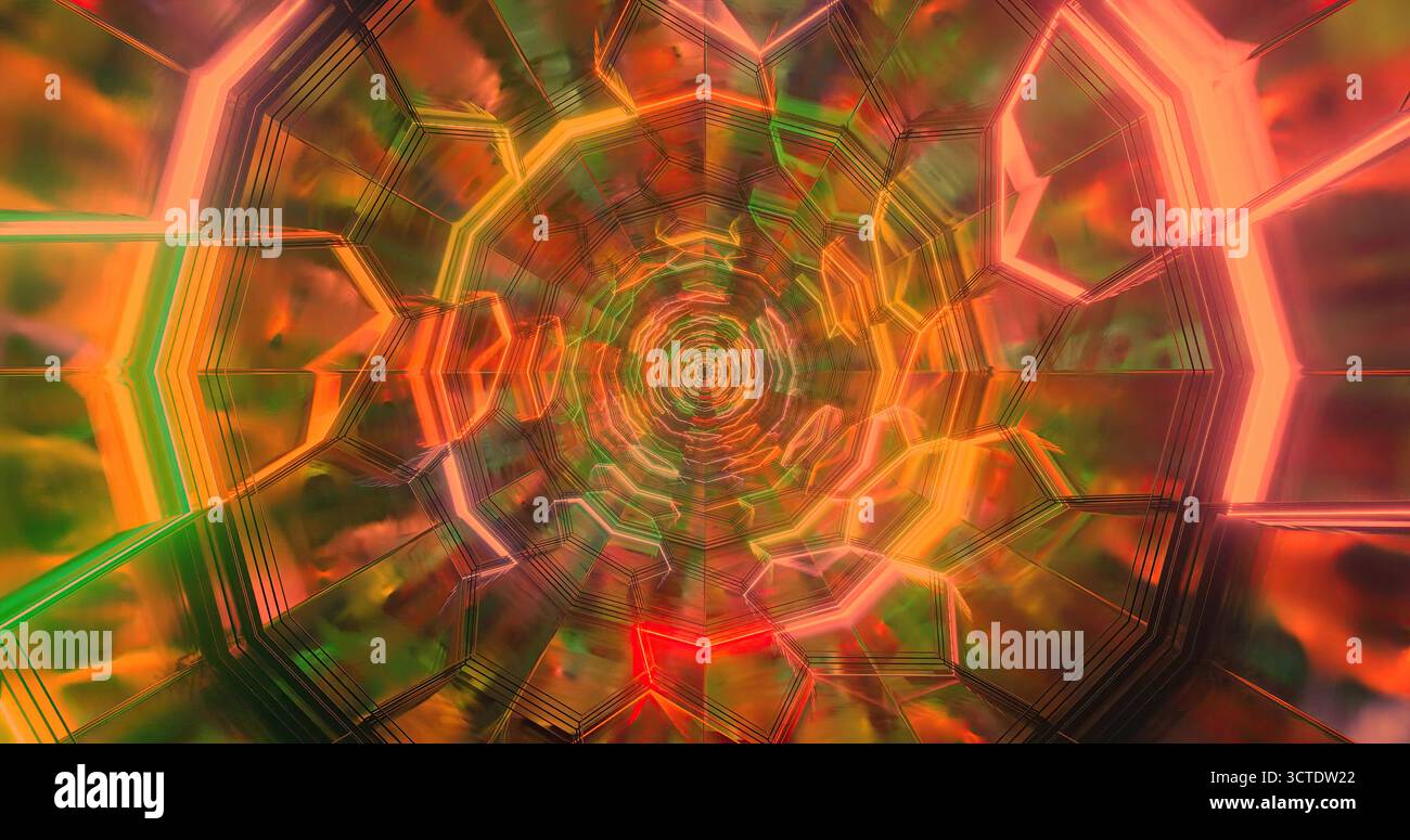 Das Design besticht durch ein lebendiges Spiralmuster mit wirbelnden Farben und Licht. Es erzeugt einen faszinierenden Tunneleffekt, der die Augen des Betrachters zieht Stockfoto