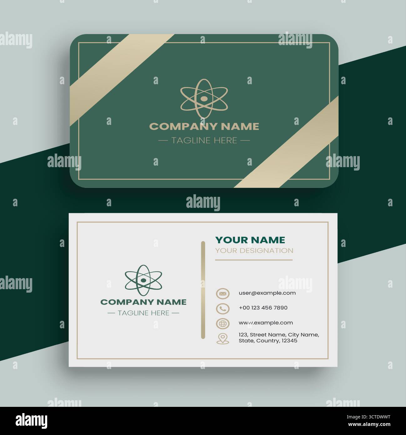 Elegante, in Minimal Green und Gold gehaltene Visitenkartenvorlage Stock Vektor