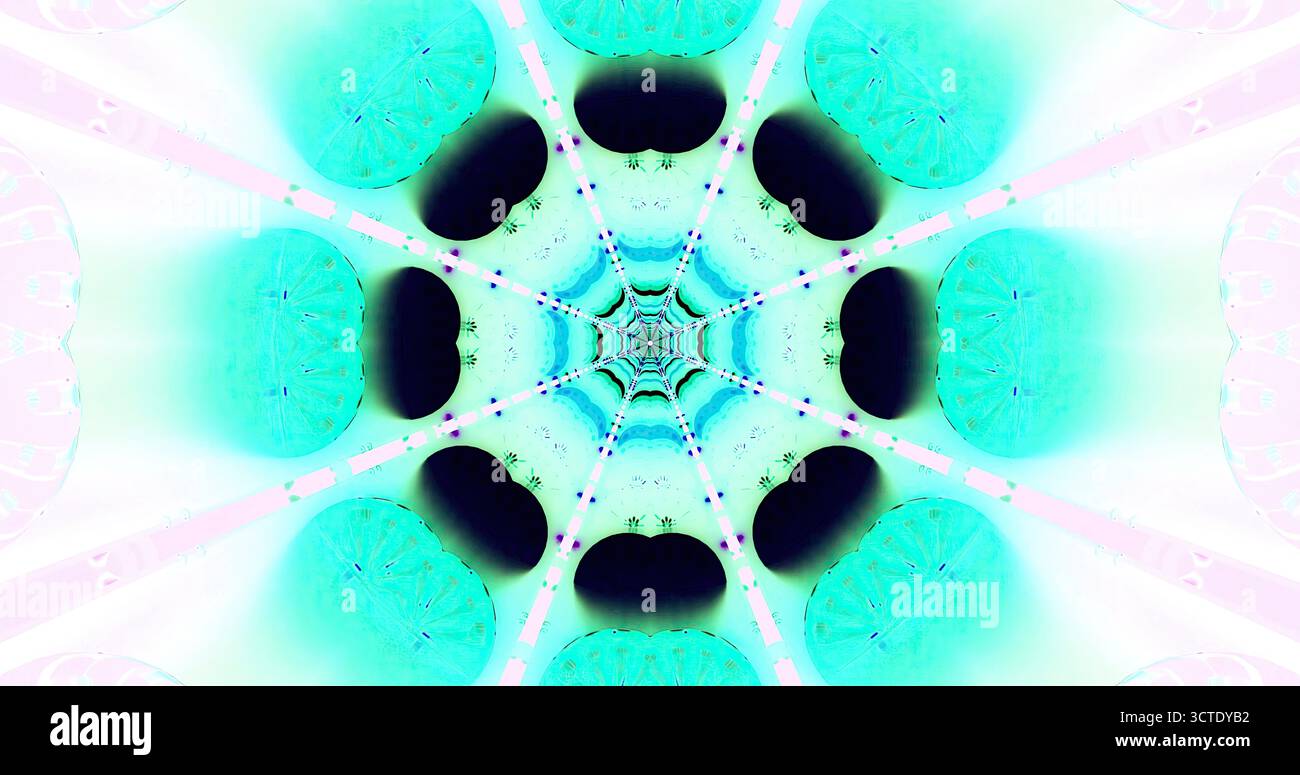 Farbenfrohes abstraktes Design mit komplexen geometrischen Formen und symmetrischen Mustern. Helle Farbtöne sorgen für einen fesselnden visuellen Effekt und zeichnen das VI Stockfoto