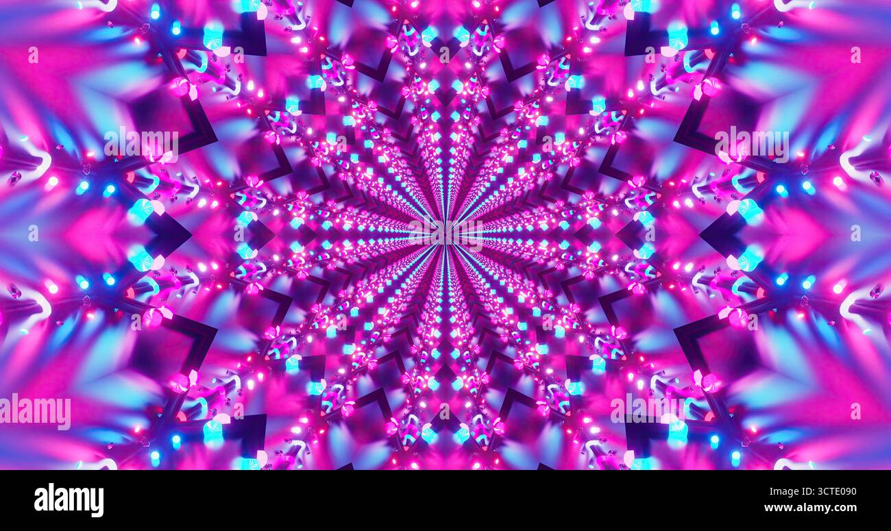 Wirbelnde Muster aus rosa und blauen Lichtern erzeugen einen faszinierenden Kaleidoskop-Effekt. Dieses lebendige Design zieht das Auge auf sich und weckt die Fantasie Stockfoto
