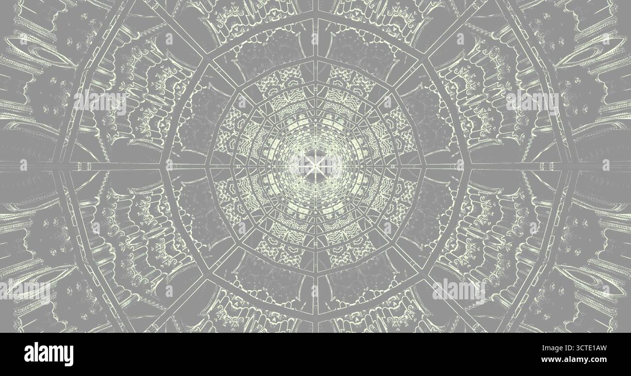 Ein komplexes geometrisches Design zeigt Kreismuster und symmetrische Formen. Das Bildmaterial bietet helle und dunkle Kontraste, die ein fesselndes V Stockfoto
